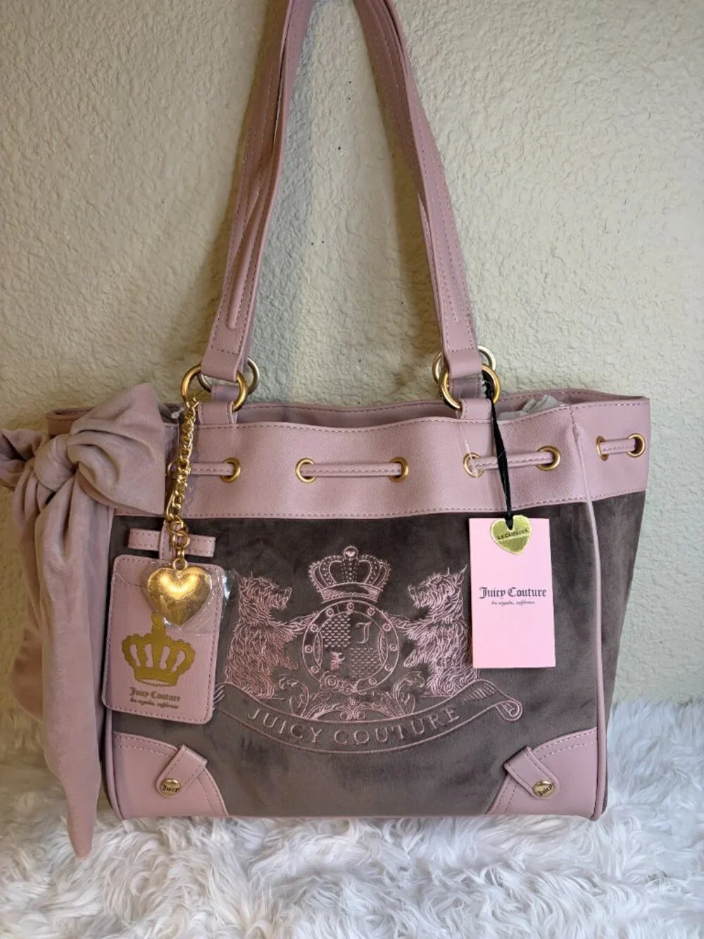 Juicy Couture Classic Scottie Dogs Daydreamer Tote Iced Coffee Dusty Bow NWT